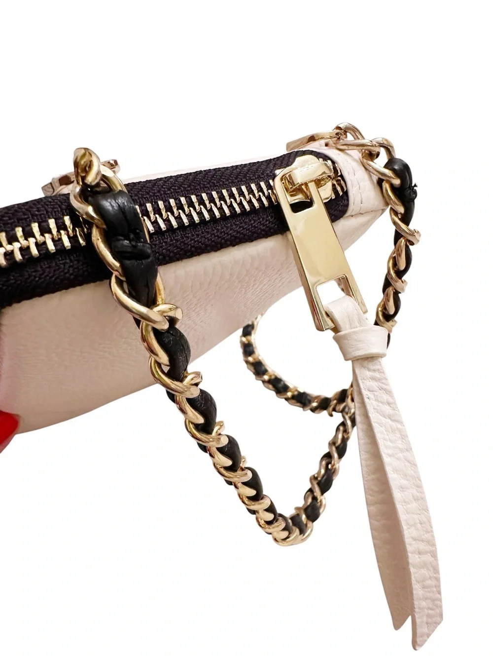 Bandolier Pebbled Leather Expanded Zip Pouch Ivory and Gold with Chain Strap